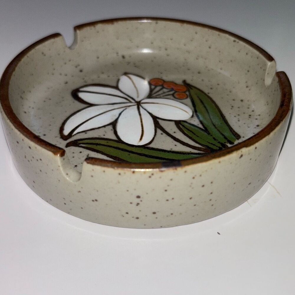 Vtg 70s MCM mid century Otagiri ceramic ashtray flower glazed speckle stoneware - Picture 5 of 6